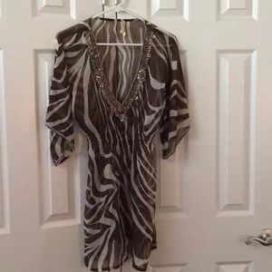 Sheer cover up dress cinched waist. Brown